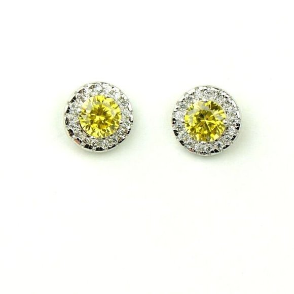 Solid 14k White Gold Round Halo Stud Push Back Earrings With Sparkling Stones - Picture 9 of 10